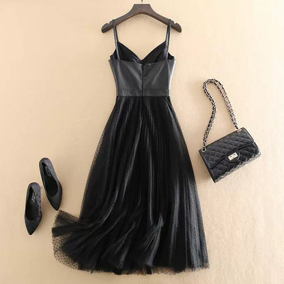 Luxury V-Neck Black Dotted Chiffon Net Dress