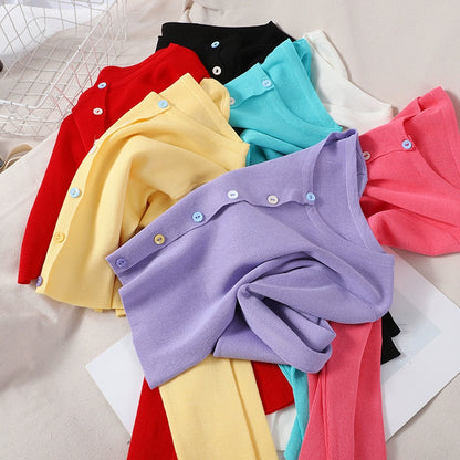 Age Reduction Solid Color knitted Slimming Round Neck Tops