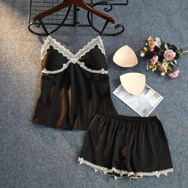 Women's Spring and Autumn thin ice silk suspender two-piece set with chest pads