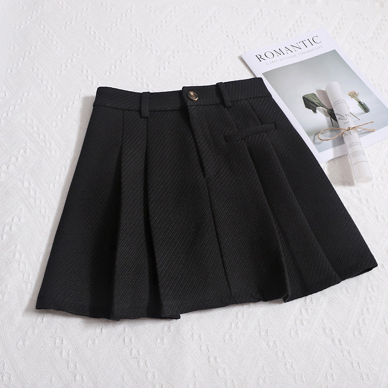 Women's Winter New Retro Versatile Hip Skirt High-Waisted Slim A-line Woolen Pleated Short Skirt