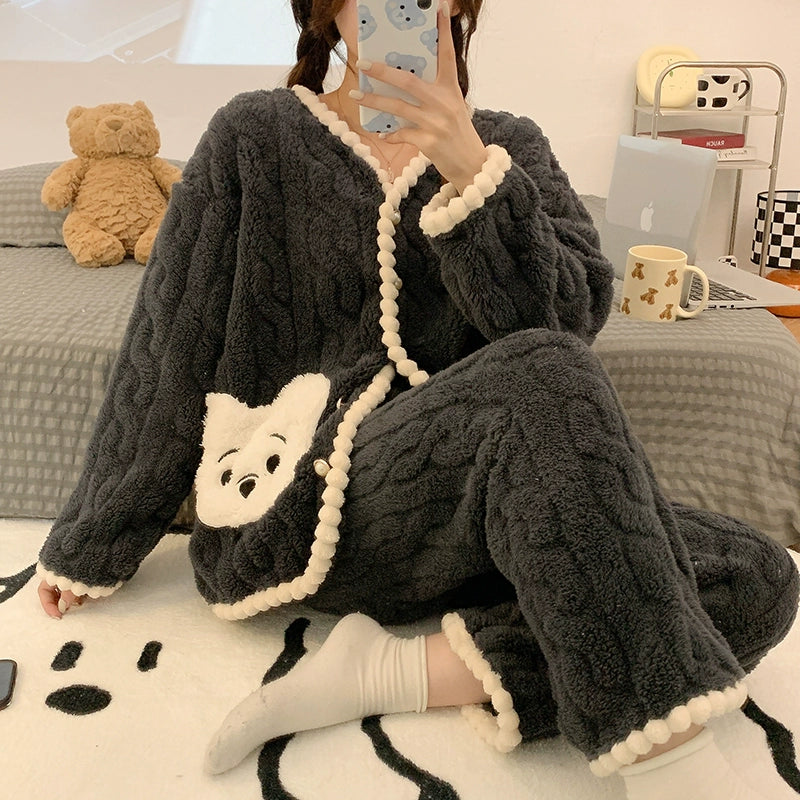 Luxury Winter Coral Thickened Velvet Pajama Loungewear Set For Women