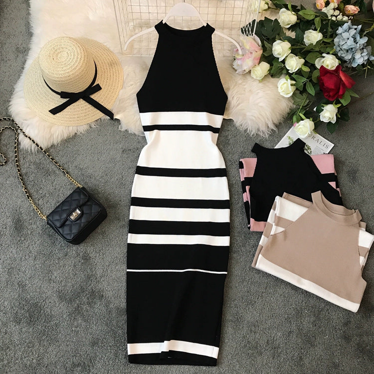 Women's Luxurious Striped Halterneck Knitted Midi Dress