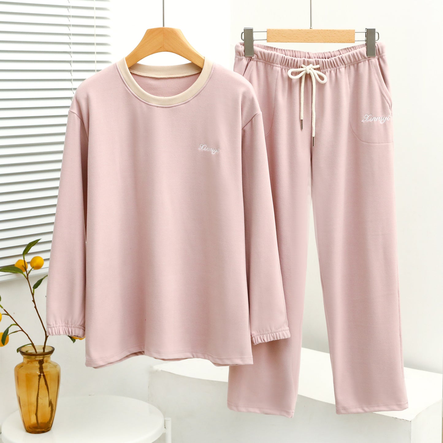 Warm Embrace Velvet Contrast Round Neck Long Sleeve Loungewear Two-Piece Set For Women