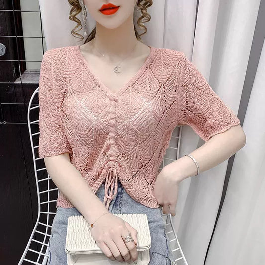 Cut-out drawstring V-neck long sleeve knitted Summer friendly Cropped tops