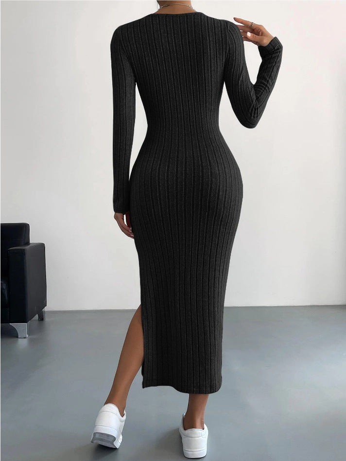 Women's Long Sleeve Round Neck Split Knit Bodycon Dress