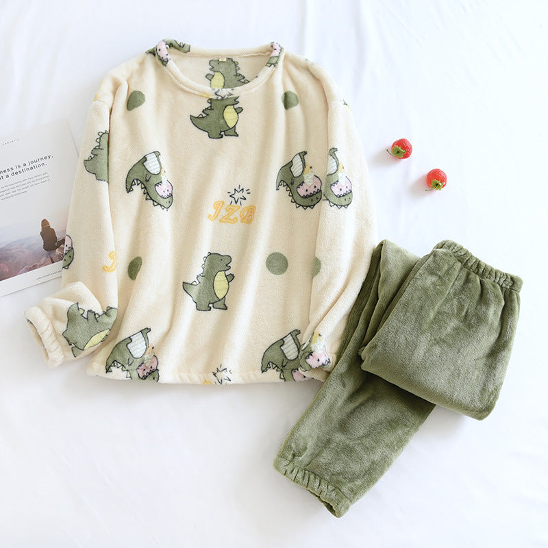 Little Dinosaur Printed Flannel Suits Warm and Thickened Comfortable Loungewear For Autumn and Winter