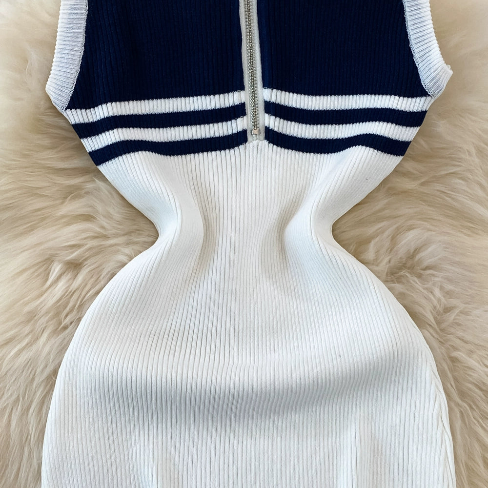 Summer High-End Polo Collar Striped knitted Vest Slim Hip Bodycon Dress