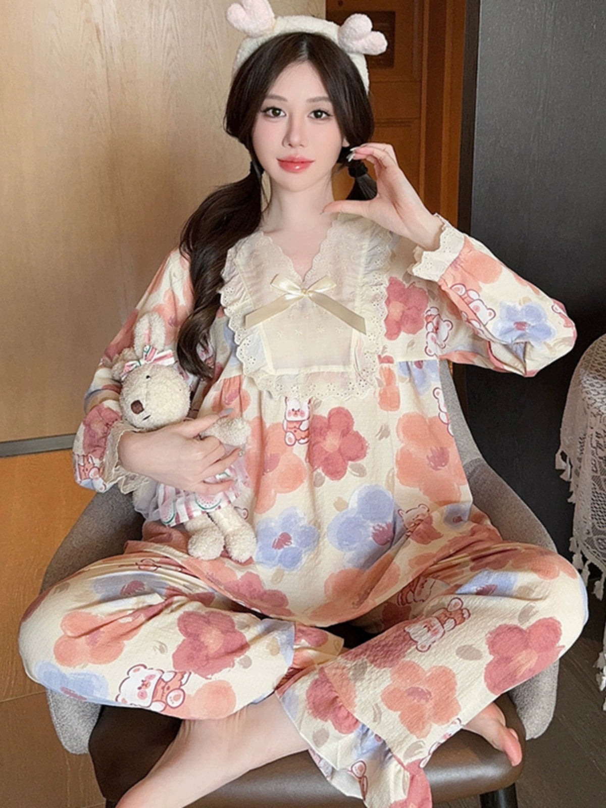 Ladies Long Sleeve Loungewear Floral Pajamas Set