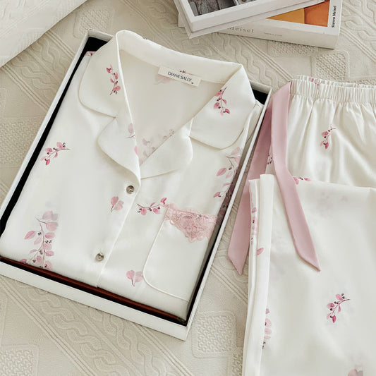 Women's Summer Comfy Refined Sweet Floral Luxurious Ice Silk Loungewear Pajamas