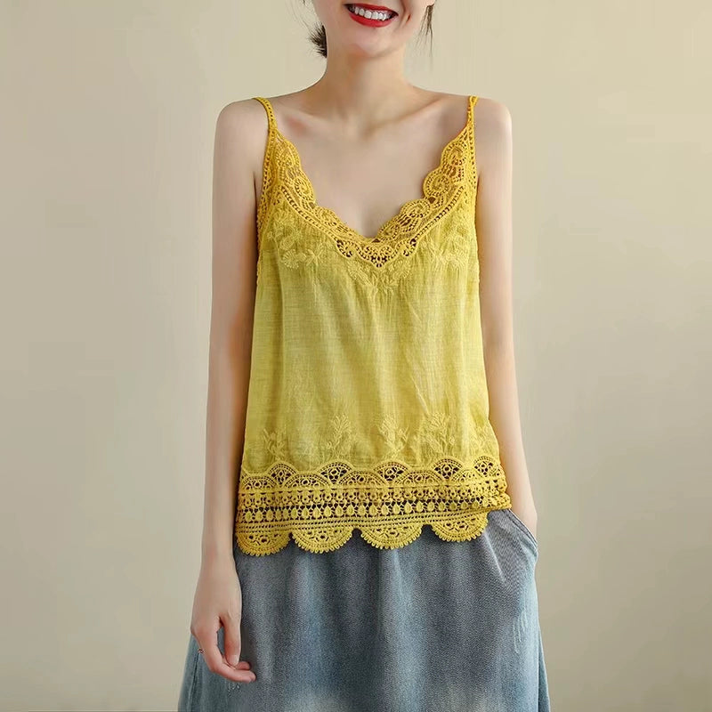 Cutout Lace Cotton Linen Camisole Women's Summer Undershirt Lace Top