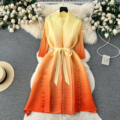 European-American Style Casual Gradient A-Line Tie Waist Pleated Dress For Women