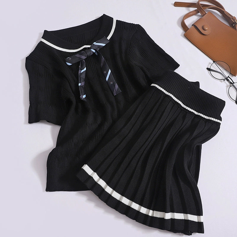 Women's Doll Collar Bow Crop Top With High Waist A-line Pleated Skirt Two-Piece Set