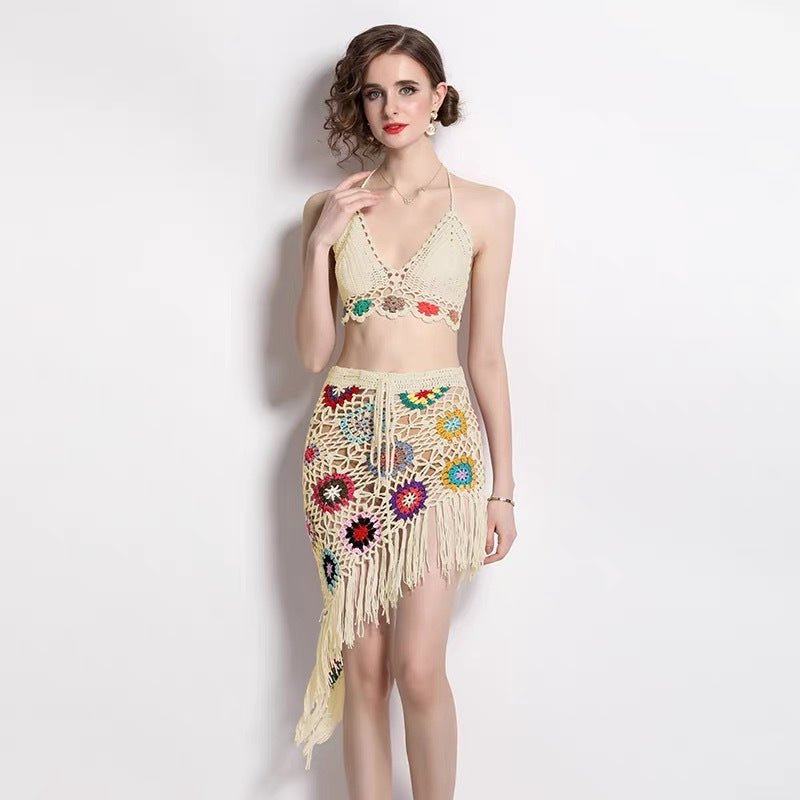 Seaside Vacation Suit Hanging Neck Halter Vest High Waist Tassel Hip Skirt