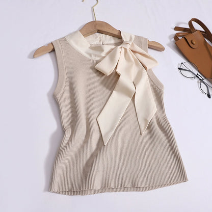 French High-Quality Bow Tie Vest Back Cut-Out knit Sleeveless Top