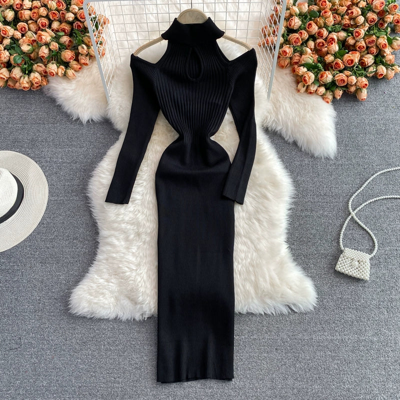 women's Winter Stand-up collar knitted stretch Bodycon dress With Long-Sleeved Strapless Design