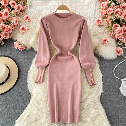 Sophisticated Winter Stretch Knitted Fit Bodycon Dress With Long Puff Sleeves