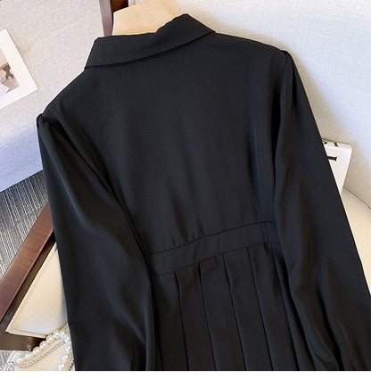 Fancy Long Sleeve POLO Neck With Cinched Waist Black Dress