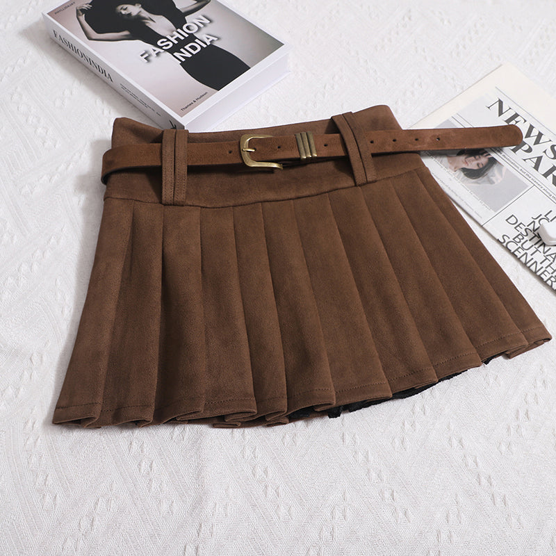 Women's Autumn And Winter Deerskin Velvet Pleated High Waist Slim A-line Belt Short Skirt