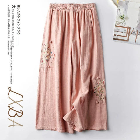 Summer Retro Style Embroidered cotton and linen slacks, women's pant