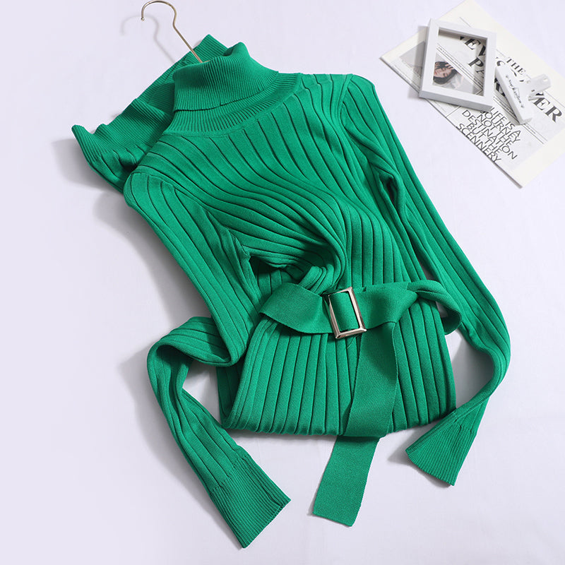 Autumn And Winter Korean Version High Neck Stretch Tight Waistband Knitted Hip Wrapping Dress