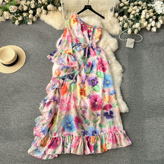 Floral series sweet fungus trim slanted collar off-the-shoulder bell sleeves ruffled design slim fit chiffon dress