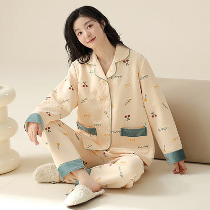 Elegant Comfort Plush Air Cotton Lapel Padded Loungewear Suit for Autumn & Winter