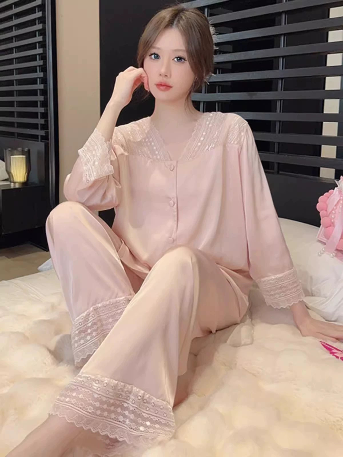 Cozy Comfortable Ice Silk Loungewear with Long Sleeves and Pants