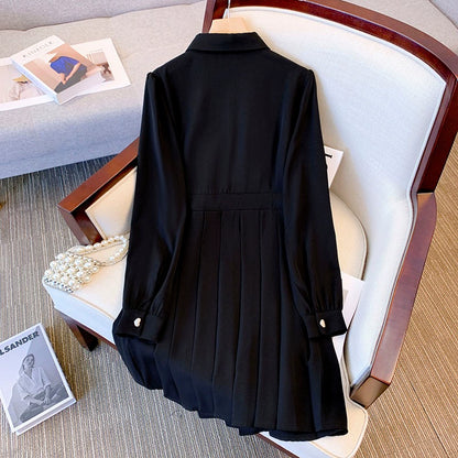 Fancy Long Sleeve POLO Neck With Cinched Waist Black Dress