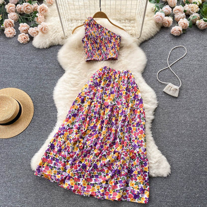 Vacation Ready Floral Printed Suit with Cropped Top and Flowy Skirt For Women