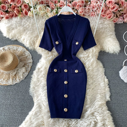 Elegant Knitted Deep V-Neck, Cinched Waist, and Slim Fit Bodycon Dress