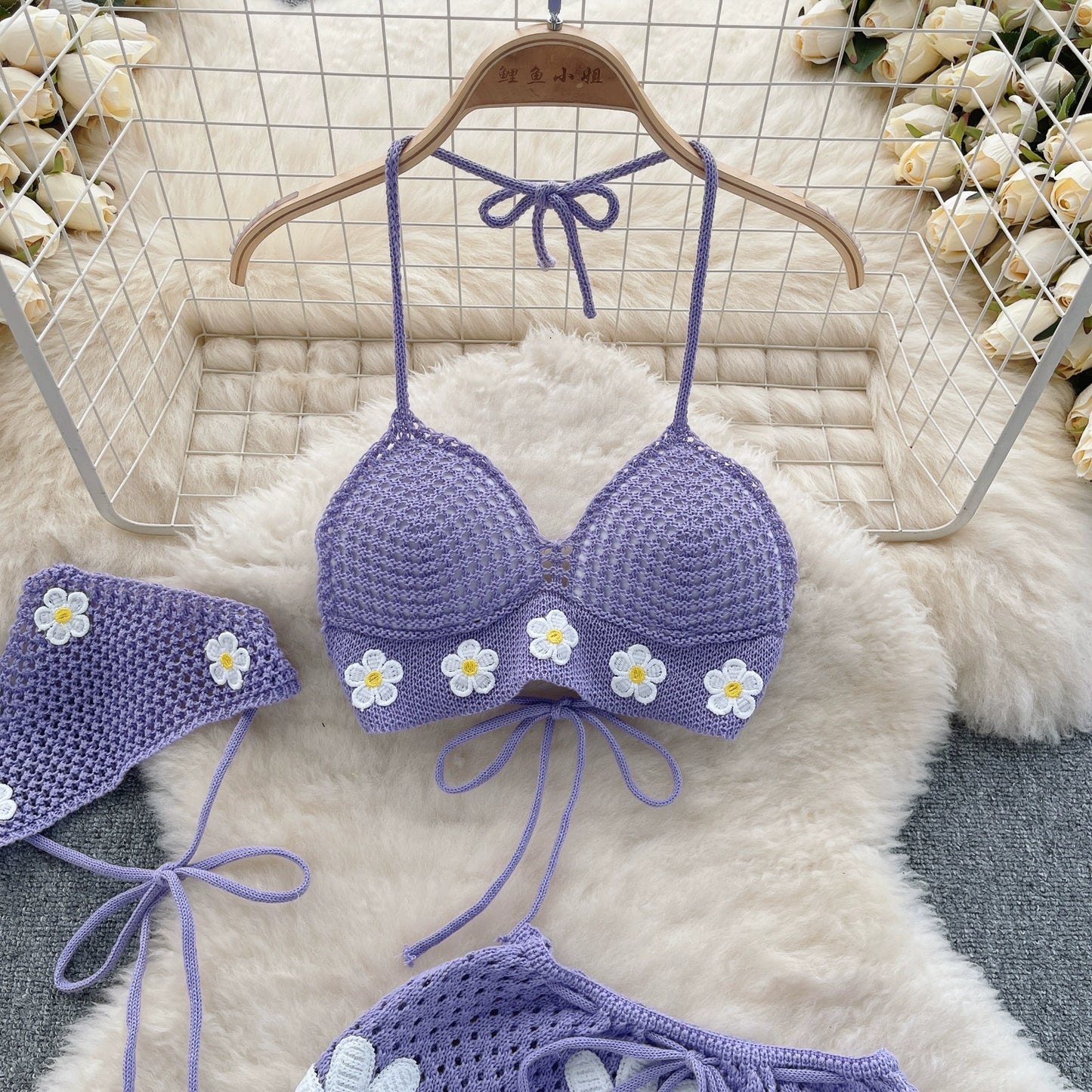 Women's Summer Flowers Design Seaside Resort-Style knitted Strappy Three-Piece Bikini Set