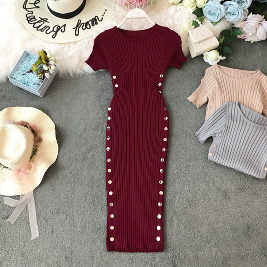 Women's Knitted Slim Fit Round Neck Short Sleeve Bodycon Dress