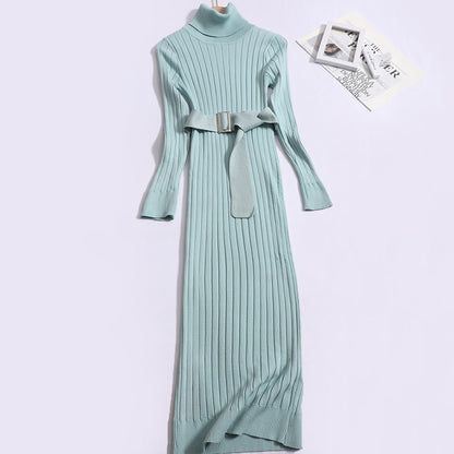 Autumn And Winter Korean Version High Neck Stretch Tight Waistband Knitted Hip Wrapping Dress