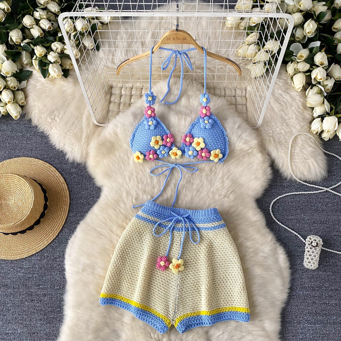 Seaside Style Pure Desire knitted Summer Suspender Bandeau Top & High-Waisted Wide-Leg Shorts Suit