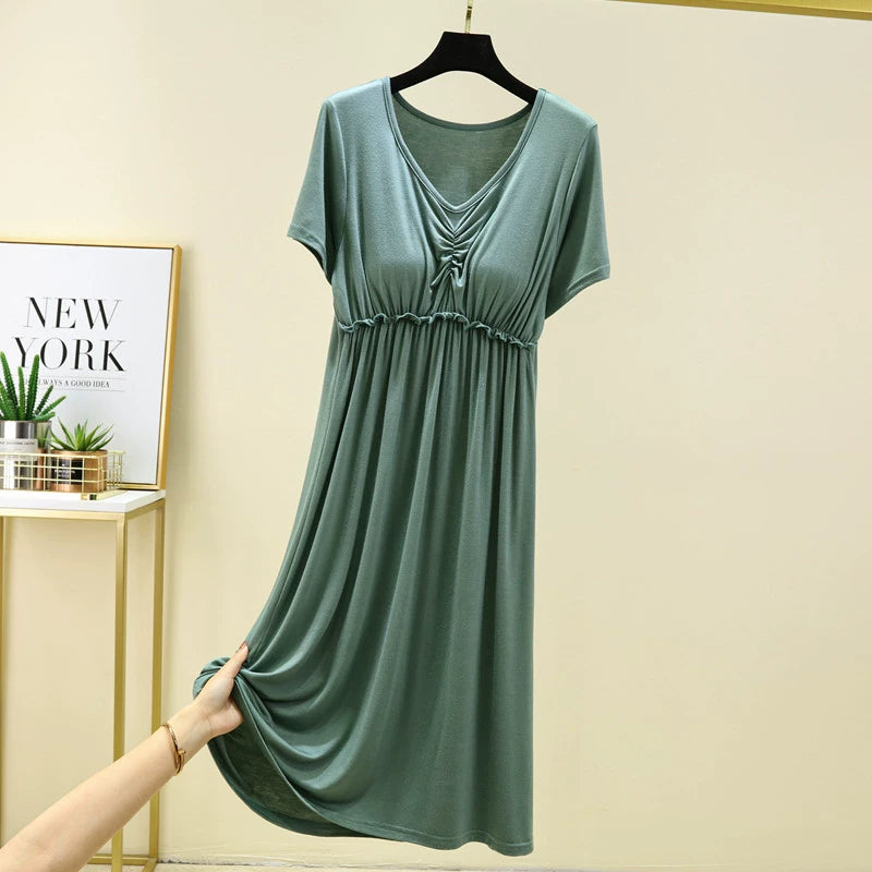 Solid Color, women's summer friendly Short Sleeve Nightdress with bra pad