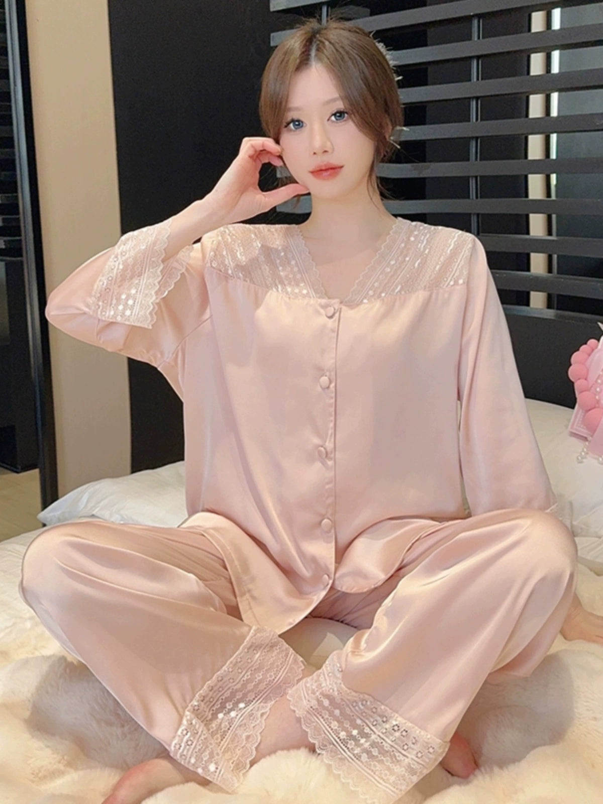 Cozy Comfortable Ice Silk Loungewear with Long Sleeves and Pants