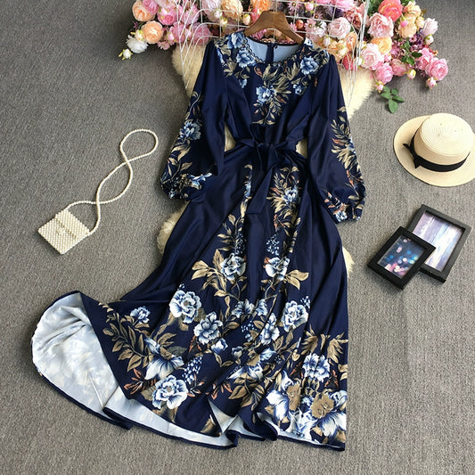 Large flower long sleeve positioning dress