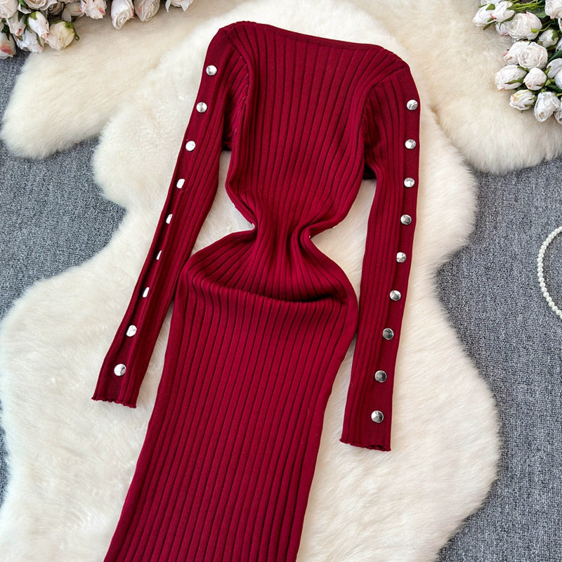 Women's Knitted Round Neck Long Sleeve Slim Hip Bodycon Dress For Winter