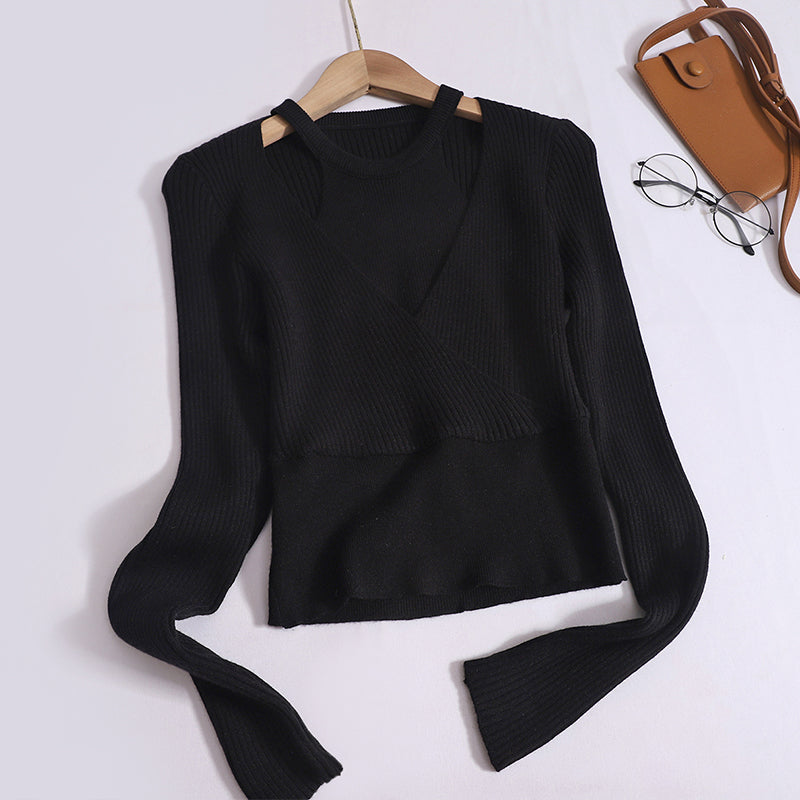 Elegant Cut-Out Halter Neck Long-Sleeved knitted Slim Cross Crop Top