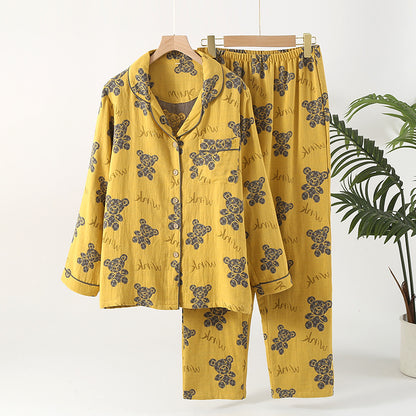 New Retro Bear Style Yarn-Dyed Jacquard Cotton Long Sleeve Trousers For Spring and Summer Loungewear