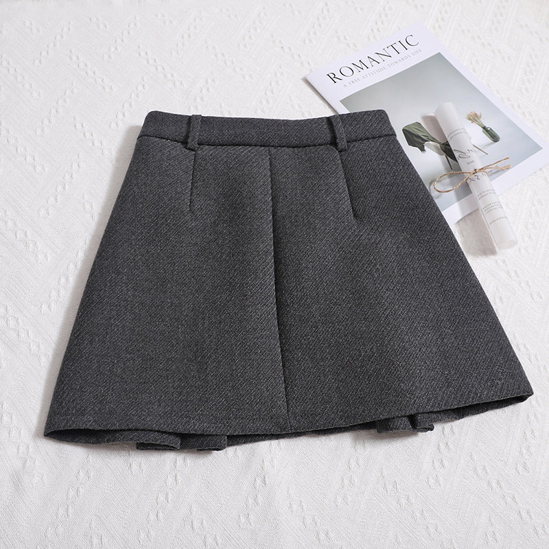 Women's Winter New Retro Versatile Hip Skirt High-Waisted Slim A-line Woolen Pleated Short Skirt