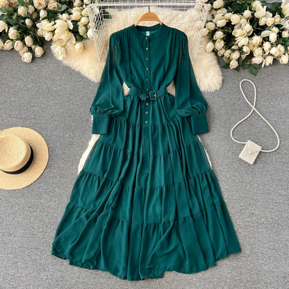 Elegant Spring V-Neck Chiffon Dress with Single-Breasted Design and Cinched Waist