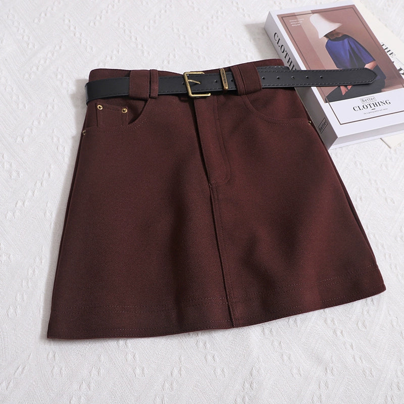 New Korean Version Retro Casual Thin And Versatile Anti-Walking Skirt Hip Skirt Belt A-line Skirt