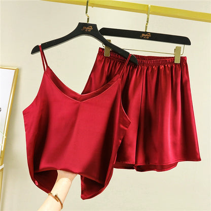 Loose Suspender V neck Shorts Women's Summer Outer wear Silky Suit