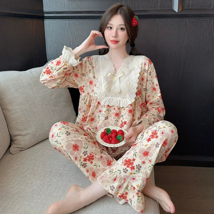 Ladies Long Sleeve Loungewear Floral Pajamas Set