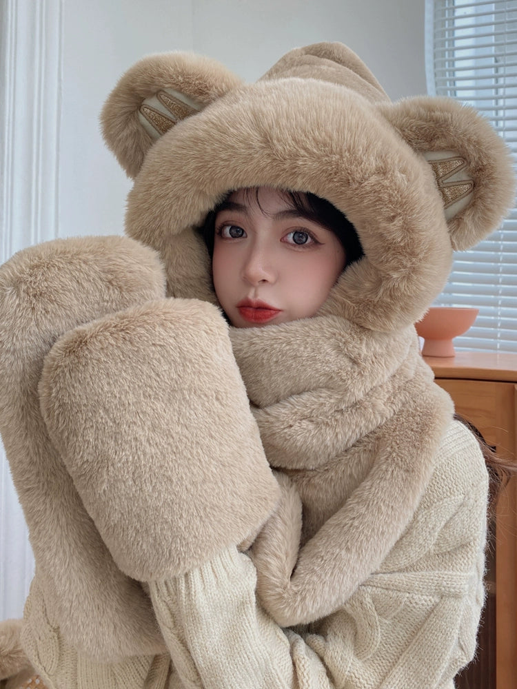 Cute Bear Hat Winter Plush Thickened Warm Hat Hooded Scarf Gloves All-In-One Set