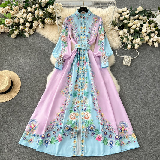 European Springtime Chic Printed Puff Sleeve Dress with Slim Silhouette