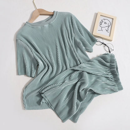 Versatile Women's Summer New Temperament Crewneck Short Sleeve High Waist casual Two pc suit