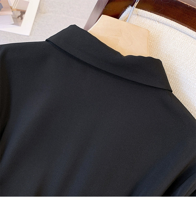 Fancy Long Sleeve POLO Neck With Cinched Waist Black Dress