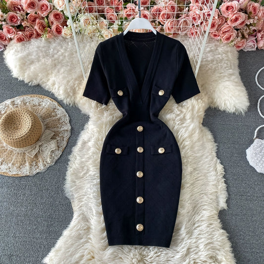 Elegant Knitted Deep V-Neck, Cinched Waist, and Slim Fit Bodycon Dress